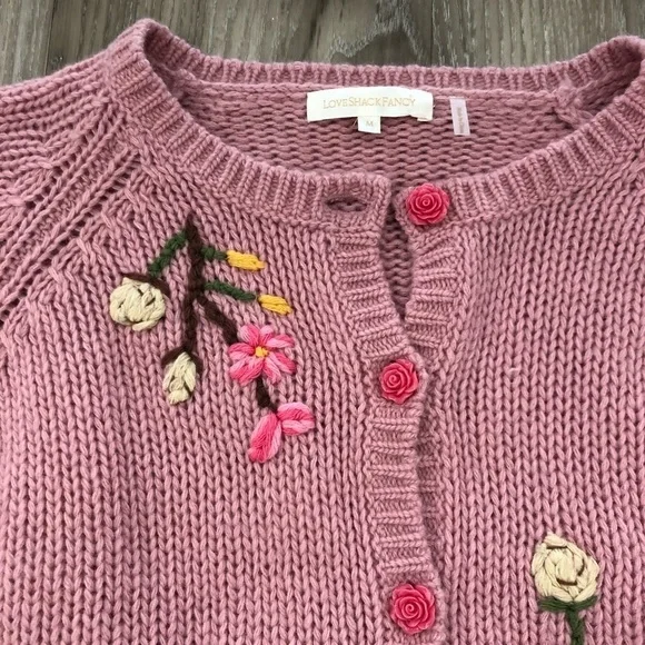 LoveShackFancy Anastasia Embroidered Floral Pink Cardigan RARE